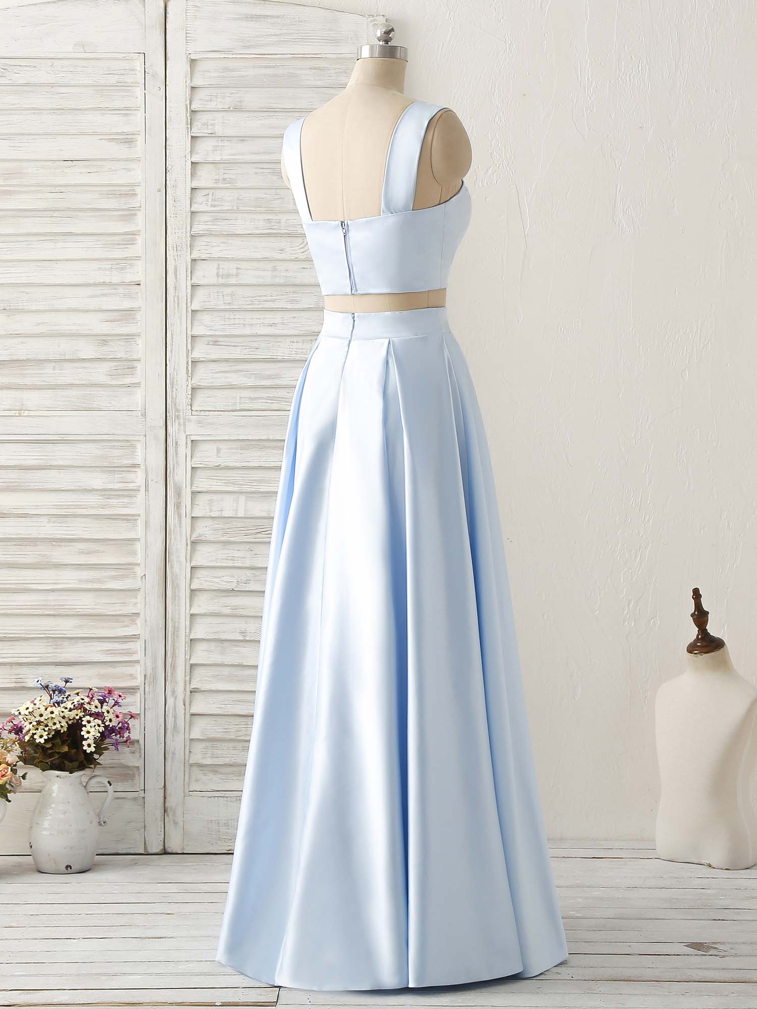 A-line Sweetheart Neck Floor-Length Satin Two-Piece Prom Dress