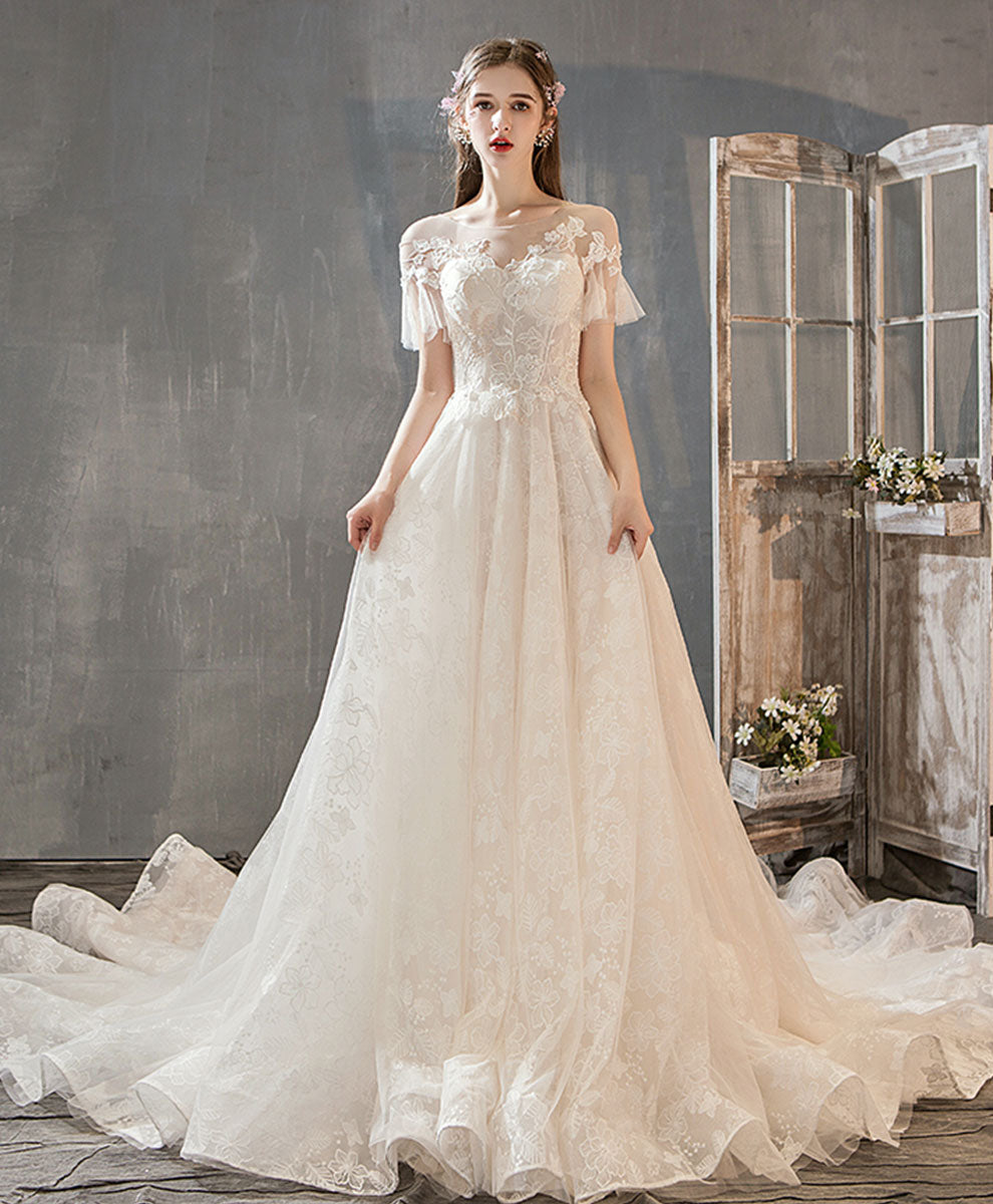 A-Line Illusion Round Neck Lace Wedding Dresses with Short Sleeves Soft Tulle Skirt and Chapel Train