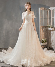 A-Line Illusion Round Neck Lace Wedding Dresses with Short Sleeves Soft Tulle Skirt and Chapel Train