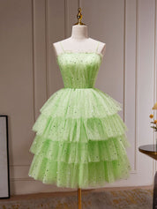 A-Line Sweetheart Neck Knee-Length Green Tulle Dress with Tiered Skirt Homecoming Dress