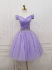 A-Line Off-the-Shoulder Knee-Length Lavender Tulle Homecoming Dress with Beaded Waist