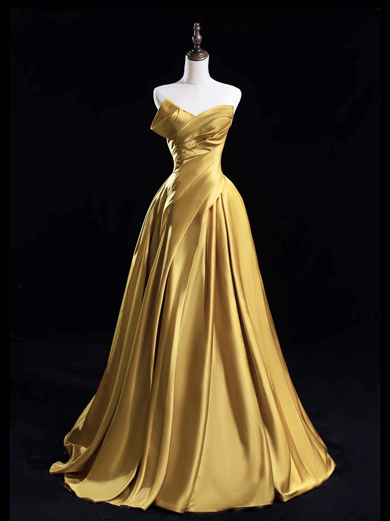Gold A-Line Off-the-Shoulder Floor-Length Satin Prom Dress with Draped Bodice