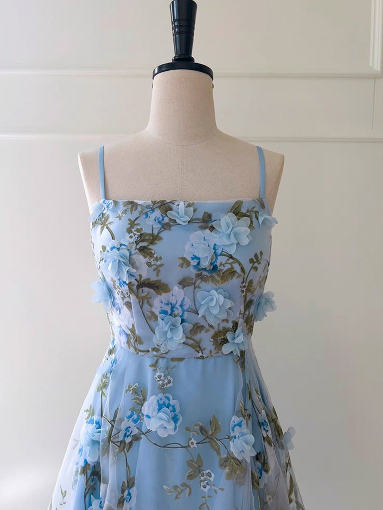 A-Line Straight Neck Tea-Length Light Blue Tulle Homecoming Dress with 3D Floral Appliqué