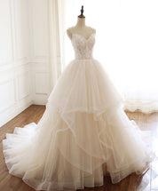 Ball Gown Sweetheart Neck Floor-Length Ivory Tulle and Lace Prom Dress with Tiered Ruffle Skirt