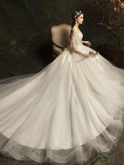 A-Line Illusion Off-the-Shoulder Floor-Length Tulle Lace Wedding Dress with Floral Appliqué
