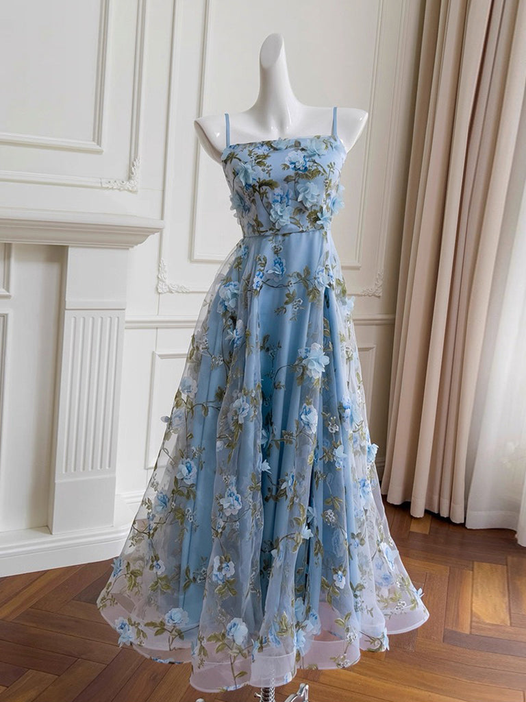 A-Line Straight Neck Tea-Length Light Blue Tulle Homecoming Dress with 3D Floral Appliqué