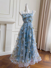 A-Line Straight Neck Tea-Length Light Blue Tulle Homecoming Dress with 3D Floral Appliqué