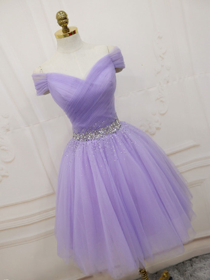 A-Line Off-the-Shoulder Knee-Length Lavender Tulle Homecoming Dress with Beaded Waist