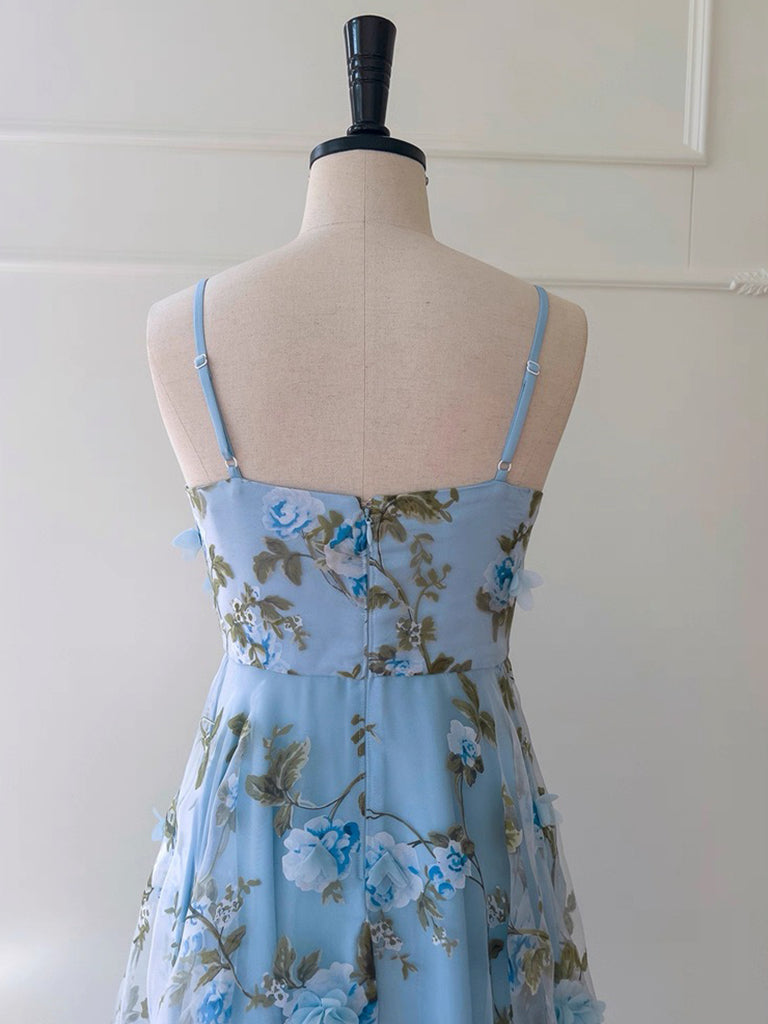 A-Line Straight Neck Tea-Length Light Blue Tulle Homecoming Dress with 3D Floral Appliqué