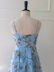 A-Line Straight Neck Tea-Length Light Blue Tulle Homecoming Dress with 3D Floral Appliqué