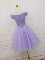 A-Line Off-the-Shoulder Knee-Length Lavender Tulle Homecoming Dress with Beaded Waist
