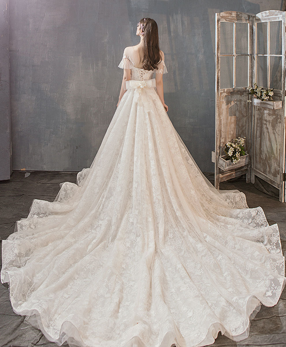 A-Line Illusion Round Neck Lace Wedding Dresses with Short Sleeves Soft Tulle Skirt and Chapel Train