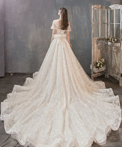 A-Line Illusion Round Neck Lace Wedding Dresses with Short Sleeves Soft Tulle Skirt and Chapel Train