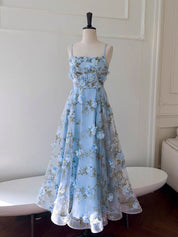 A-Line Straight Neck Tea-Length Light Blue Tulle Homecoming Dress with 3D Floral Appliqué
