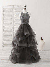 A-Line High Neck Floor-Length Tulle Prom Dress with Lace Appliqué