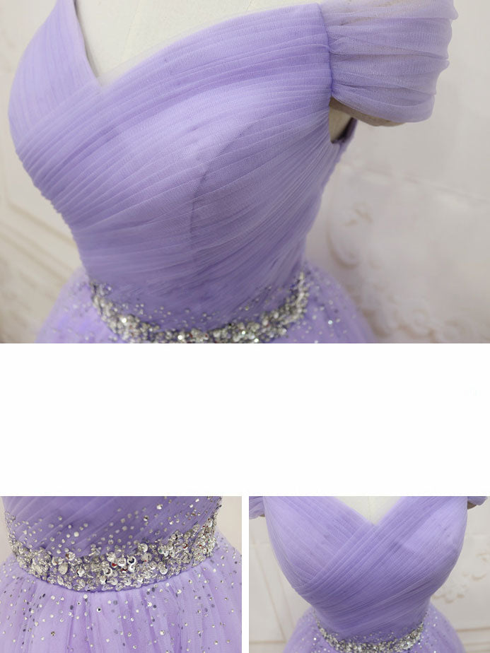 A-Line Off-the-Shoulder Knee-Length Lavender Tulle Homecoming Dress with Beaded Waist
