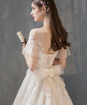 A-Line Illusion Round Neck Lace Wedding Dresses with Short Sleeves Soft Tulle Skirt and Chapel Train