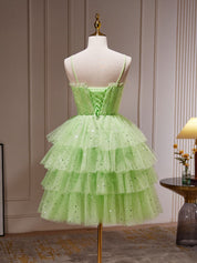 A-Line Sweetheart Neck Knee-Length Green Tulle Dress with Tiered Skirt Homecoming Dress