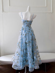 A-Line Straight Neck Tea-Length Light Blue Tulle Homecoming Dress with 3D Floral Appliqué