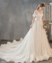 A-Line Illusion Round Neck Lace Wedding Dresses with Short Sleeves Soft Tulle Skirt and Chapel Train