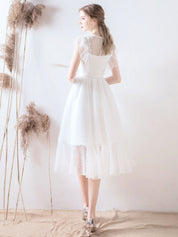 White A-Line Illusion Neck Tea-Length Tulle Prom Dress with Ruffled Lace Overlay