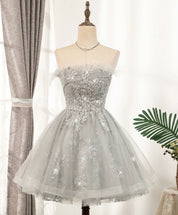 A-Line Straight Neck Short Silver Tulle Lace Homecoming Dress with Feather Trim and Sequin Sparkle