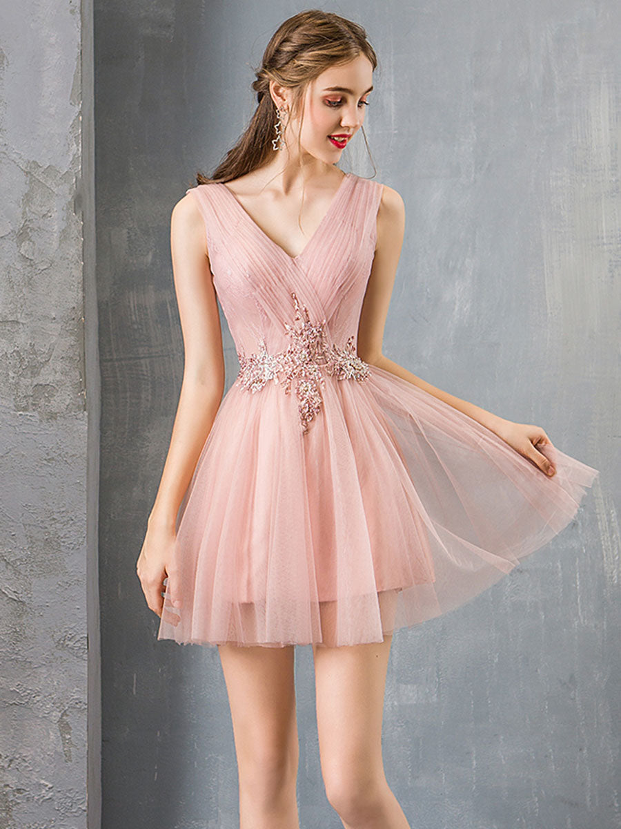 A-Line V-Neck Knee-Length Blush Tulle Homecoming Dress with Beaded Lace Bodice