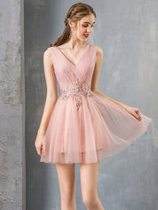 A-Line V-Neck Knee-Length Blush Tulle Homecoming Dress with Beaded Lace Bodice