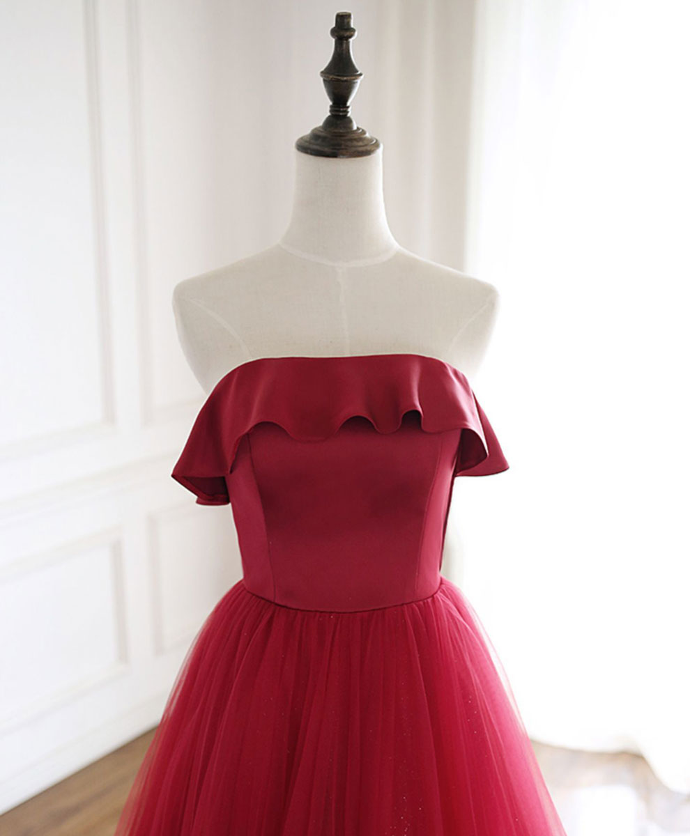 A-Line Off-the-Shoulder Floor-Length Red Tulle Prom Dress with Ruffle Neckline