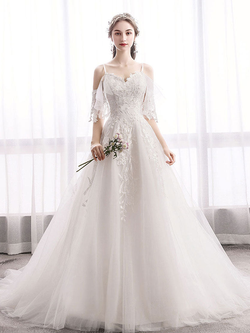 A-Line Sweetheart Neck Floor-Length Ivory Tulle & Lace Appliqué Prom Dress with Cold-Shoulder Sleeves