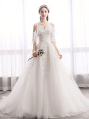 A-Line Sweetheart Neck Floor-Length Ivory Tulle & Lace Appliqué Prom Dress with Cold-Shoulder Sleeves