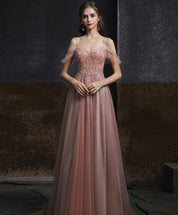A-Line V-Neck Floor-Length Blush Tulle Beaded Prom Dress
