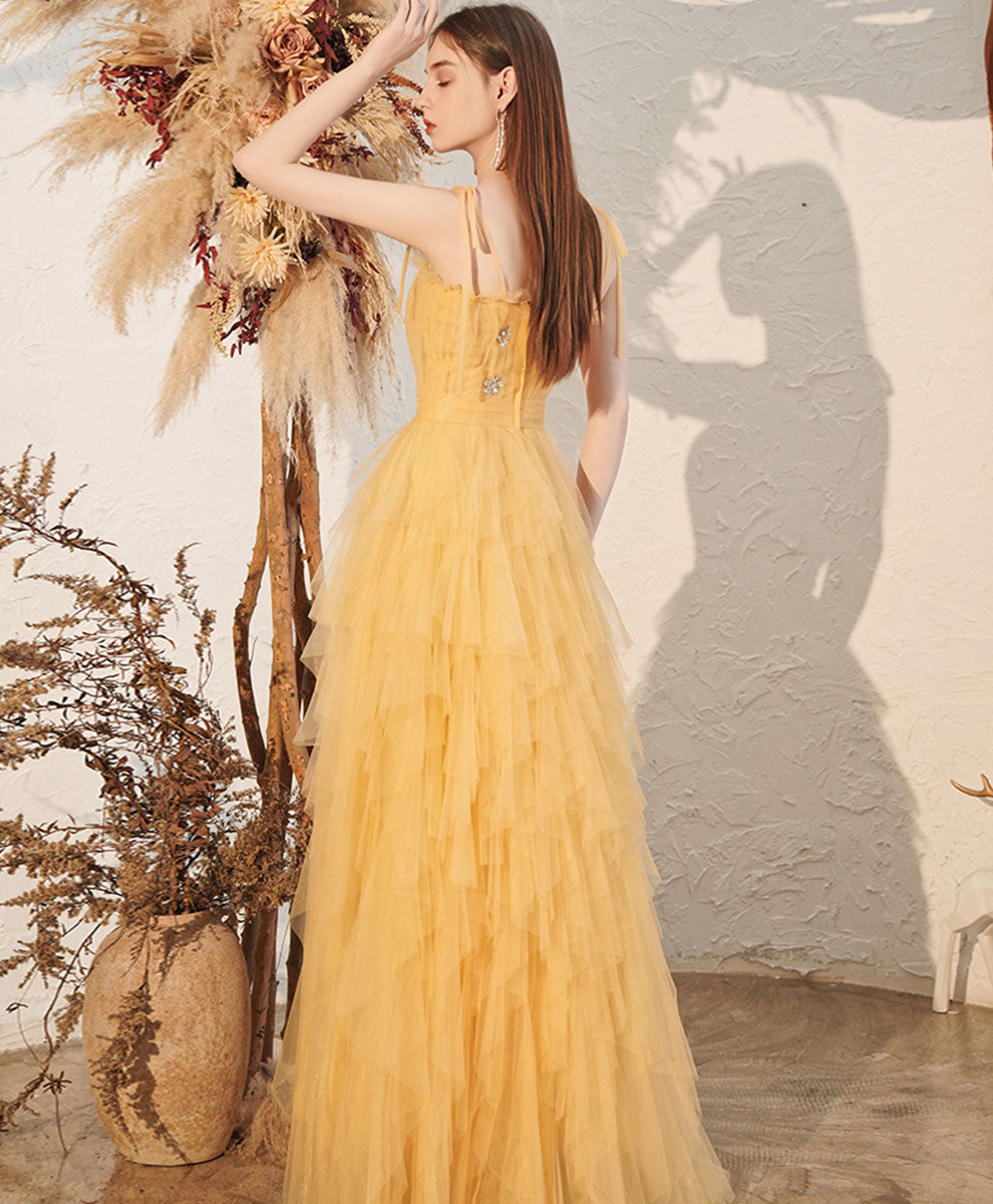 A-Line Yellow V Neck Floor-Length Tulle Prom Dress with Tiered Ruffle Skirt