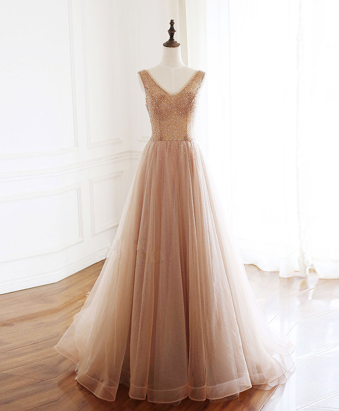 A-line V Neck Floor-Length Tulle & Lace Beaded Prom Dress