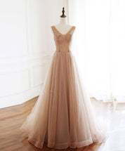 A-line V Neck Floor-Length Tulle & Lace Beaded Prom Dress