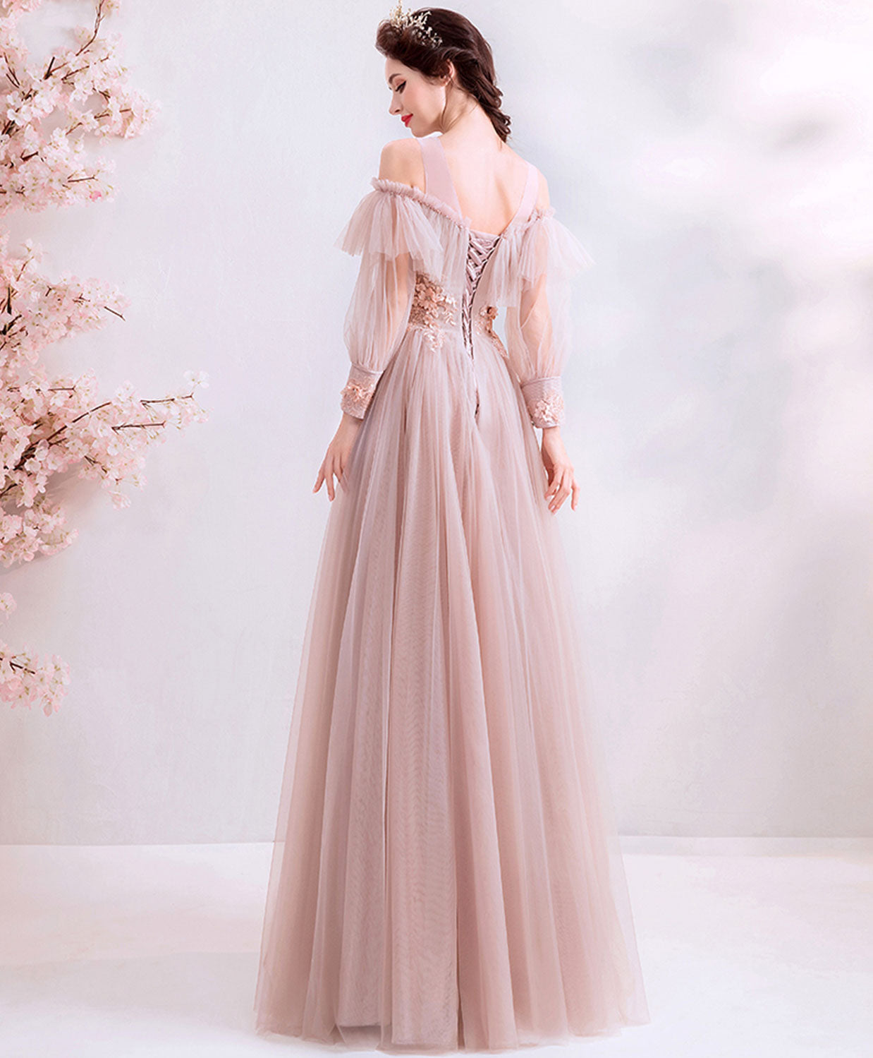 A-Line Off-the-Shoulder Floor-Length Blush Tulle & Lace Prom Dress with Long Sleeves and Floral Appliqué