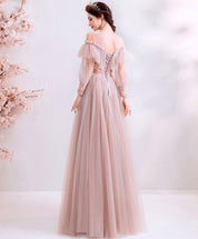 A-Line Off-the-Shoulder Floor-Length Blush Tulle & Lace Prom Dress with Long Sleeves and Floral Appliqué
