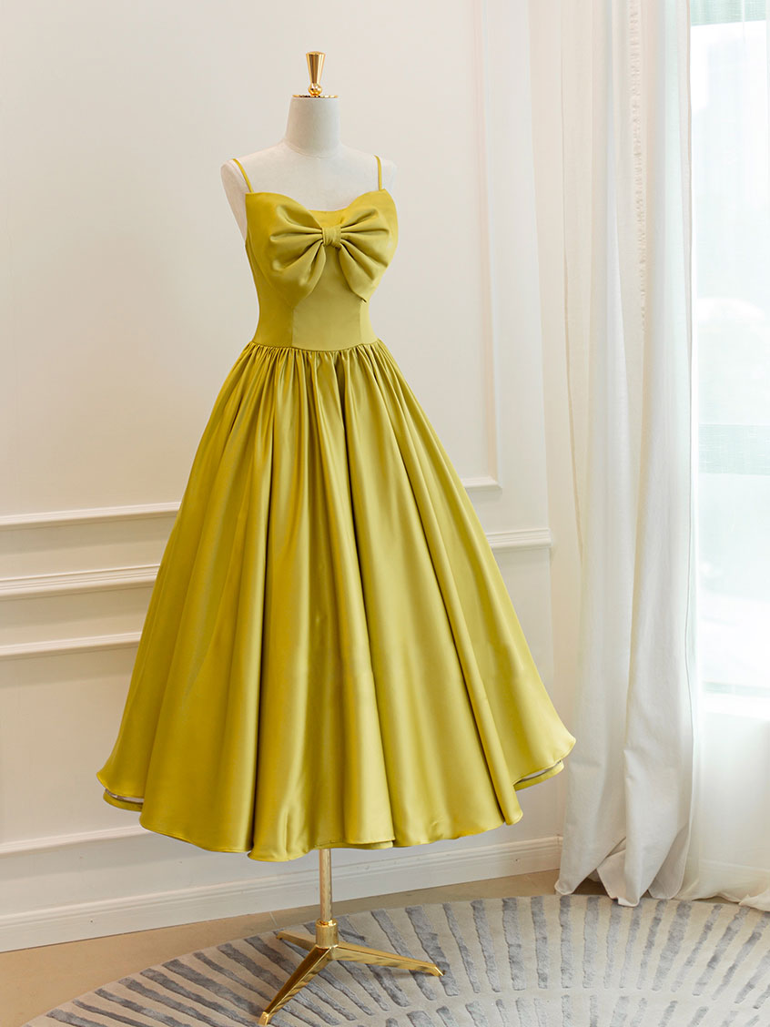 A-Line Sweetheart Neck Tea-Length Yellow Satin Bow Homecoming Dress