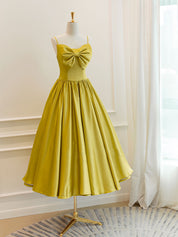 A-Line Sweetheart Neck Tea-Length Yellow Satin Bow Homecoming Dress