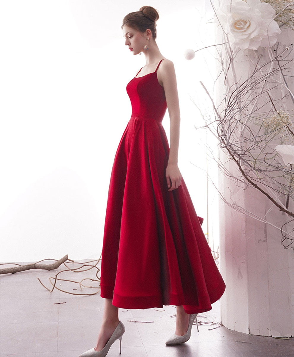 A-Line Red Square Neck Tea-Length Satin Prom Dress with Clean Pleated Skirt