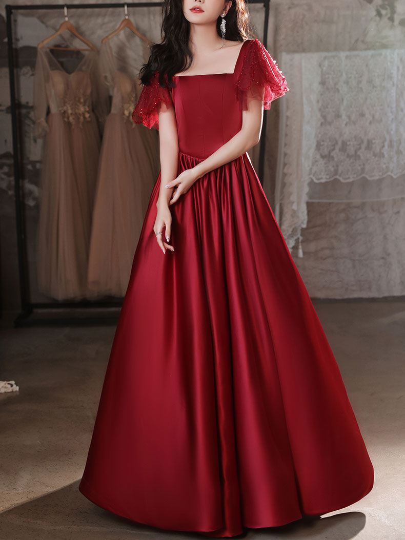A-Line Square Neck Floor-Length Red Satin Prom Dress with Flutter Sleeves
