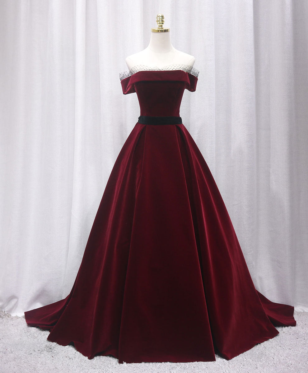 A-Line Burgundy Off-the-Shoulder Illusion Neck Floor-Length Velvet Prom Dress with Structured Pleated Skirt