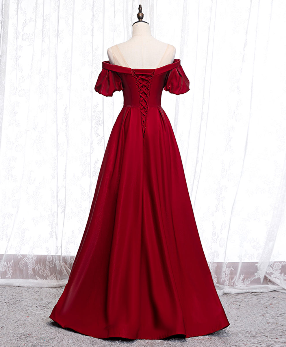 A-Line Burgundy Illusion Sweetheart Floor-Length Satin Prom Dress with Puff Sleeves and Structured Bodice