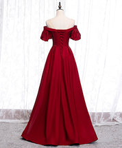 A-Line Burgundy Illusion Sweetheart Floor-Length Satin Prom Dress with Puff Sleeves and Structured Bodice