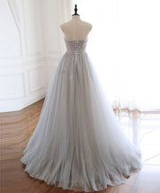 A-Line Sweetheart Floor-Length Gray Tulle Prom Dress with Illusion Beaded Bodice