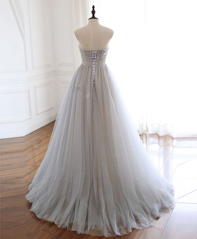 A-Line Sweetheart Floor-Length Gray Tulle Prom Dress with Illusion Beaded Bodice