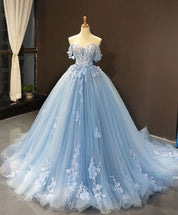 Ball Gown Sweetheart Neckline Floor-Length Light Blue Tulle Lace Appliqué Prom Dress