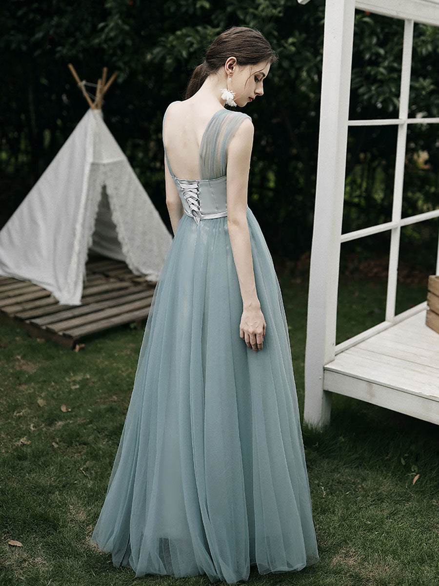 A-Line Dusty Blue One-Shoulder Floor-Length Tulle Prom Dress with Draped Bodice