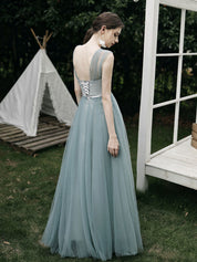 A-Line Dusty Blue One-Shoulder Floor-Length Tulle Prom Dress with Draped Bodice