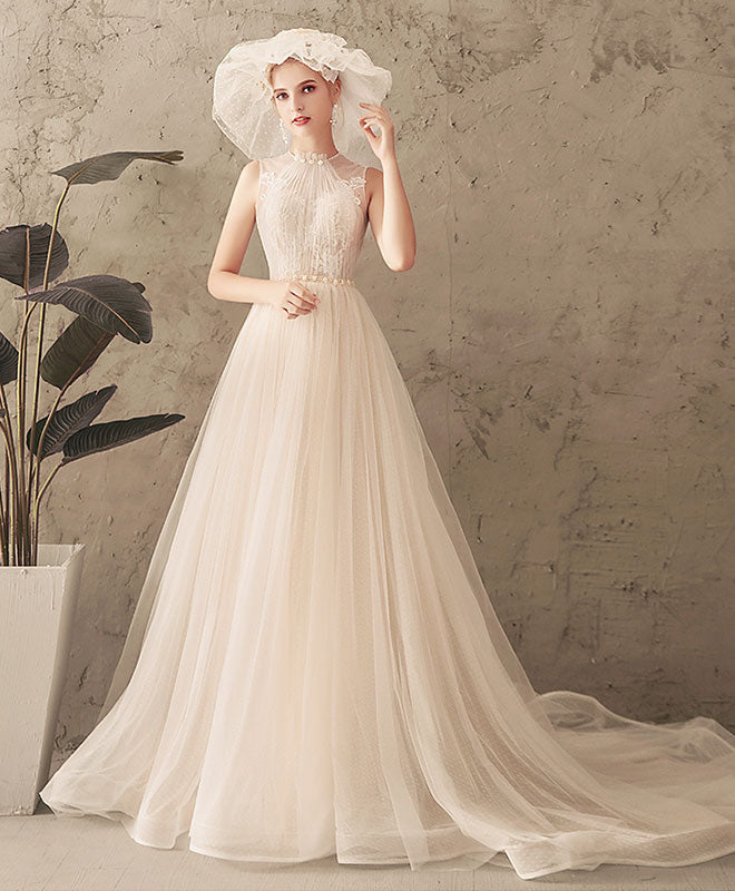 A-Line Illusion Halter Neck Floor-Length Champagne Tulle Lace Prom Dress
